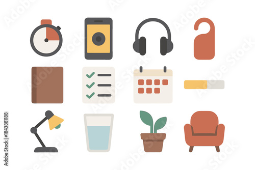 Modern flat icons for time management and productivity essentials