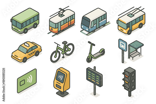 Isometric urban transport icons: bus, tram, taxi, bicycle, scooter, traffic light, card reader