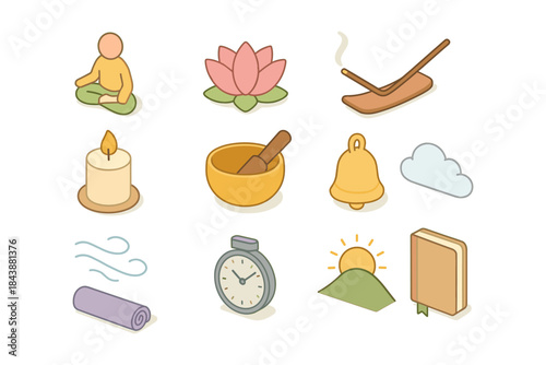 Calm and relaxation: yoga, meditation, and wellness icons in soft pastel isometric style