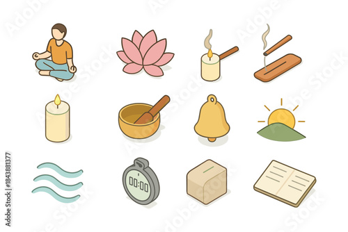 Relaxation and meditation icon set in isometric style with yoga, candles, and nature elements