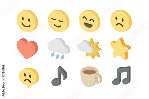 Isometric emoji set with weather and music icons for social media