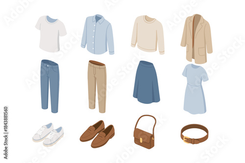 Casual isometric clothing set with shoes and accessories on white background