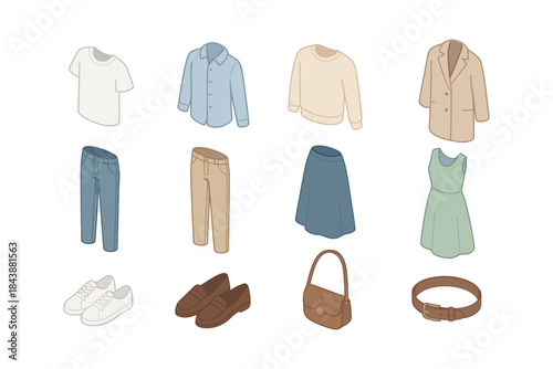 Minimalist fashion set with casual and formal outfits in soft colors