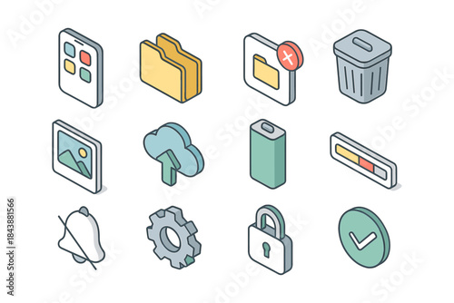 Isometric icons of apps and technology: folders, security, and cloud utilities