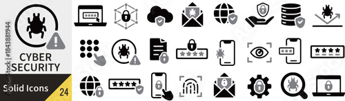 Cyber security solid icons collection for business website application company password lock key data secure network safety