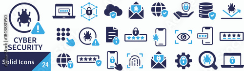 Cyber security solid icons collection for business website application company password lock key data secure network safety