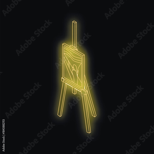 Neon glowing yellow easel with painting representing expressionist art