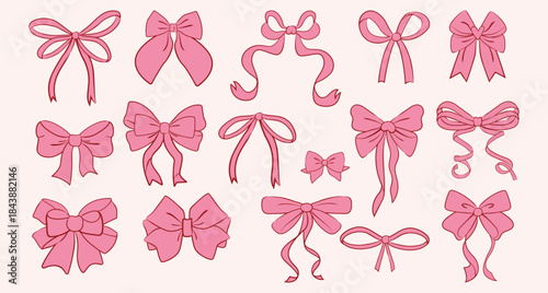 Vector set of cute pink  hand drawn bows in coquette style. Trendy bows, gift ribbons, elements for packaging  design, scrapbooking, greeting cards, feminine branding. Hand-drawn stickers set isolated
