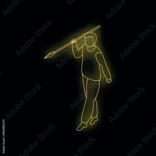 Neon sign of man holding spear on black background representing hunting, warrior, and primitive concepts