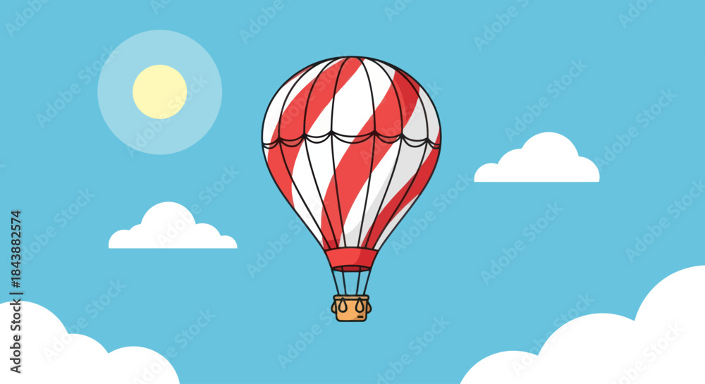 Fototapeta premium A vibrant hot air balloon floats in a clear blue sky with fluffy clouds.