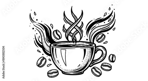 Illustration of a hot coffee cup with steaming aroma and coffee beans