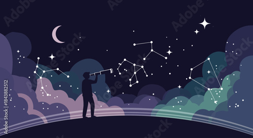 Person looking at constellations through a telescope at night