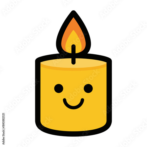 A cute cartoon candle with a smiling face and a bright flame.
