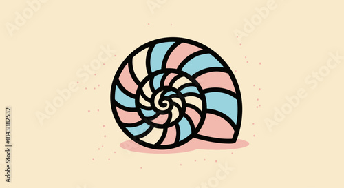 Stylized seashell with pastel colors on a sandy background.