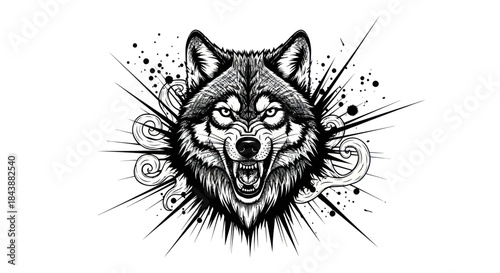 Aggressive wolf head with wild graphic design elements