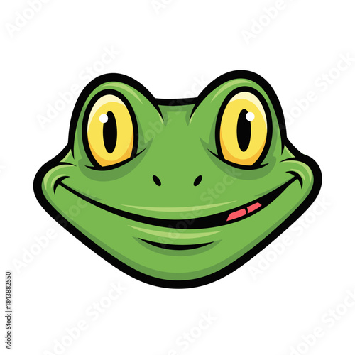 Happy cartoon frog face with big yellow eyes and a wide smile.
