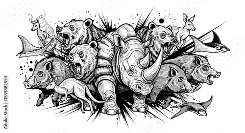 Collage of roaring wild animals including a rhinoceros, bears, boars, kangaroos, and fish.
