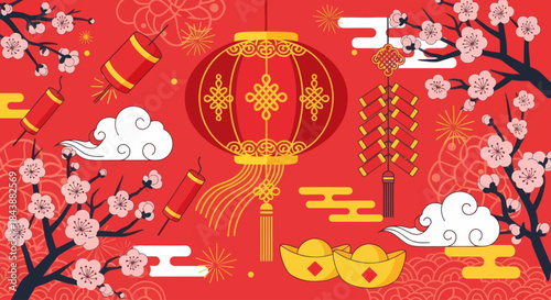 Happy Chinese New Year celebration with lanterns, firecrackers, and cherry blossoms.