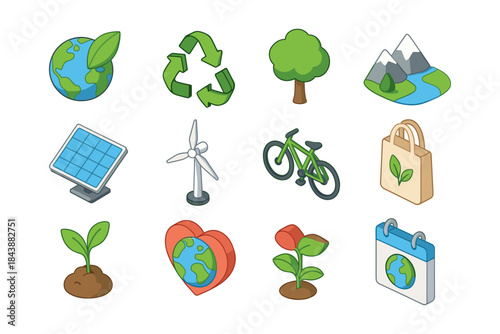 Eco-friendly icons set featuring nature and renewable energy in isometric style
