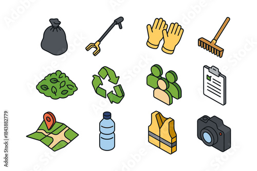 Community clean-up icons: tools, safety, and recycling essentials in isometric style