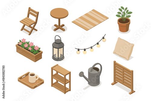 Cozy outdoor furniture and accessories in isometric style for garden and patio decor