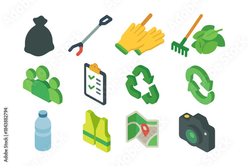 Volunteer cleanup isometric icons set featuring recycling and gardening tools