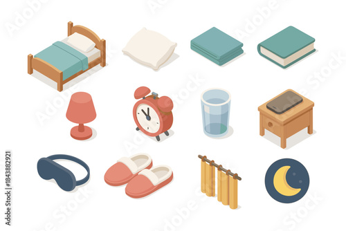Isometric bedroom essentials: bed, pillow, clock, books, and more