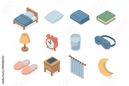 Isometric bedtime essentials collection: cozy items for a perfect night