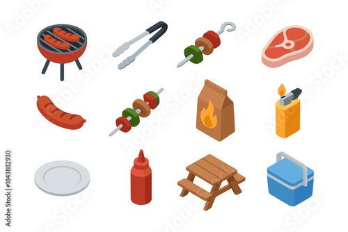 Isometric bbq essentials set: grill, skewers, table, and cooler icons