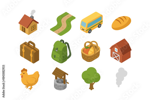 Isometric rural set: farmhouse, village road, backpack, harvest, tree, chicken
