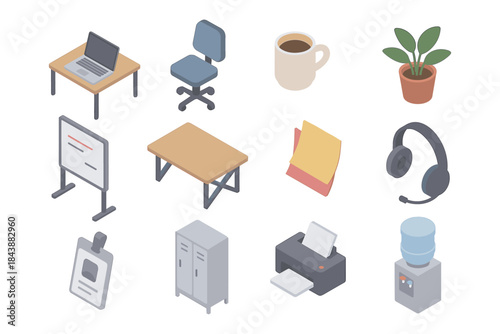 Isometric office essentials: desk, chair, and equipment collection for modern workspaces