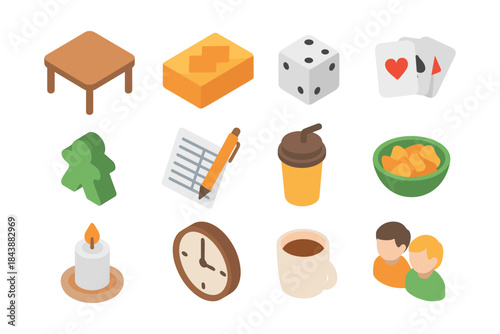 Isometric game night icons: board games, drinks, and snacks essentials