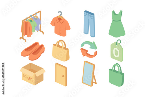 Isometric clothing donation icons set for thrift and sustainable fashion