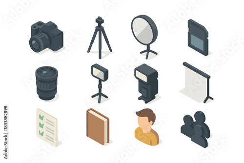 Isometric photography equipment and user icons for creative projects