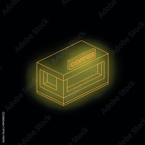 Isometric neon coffee shop sign glowing on dark background