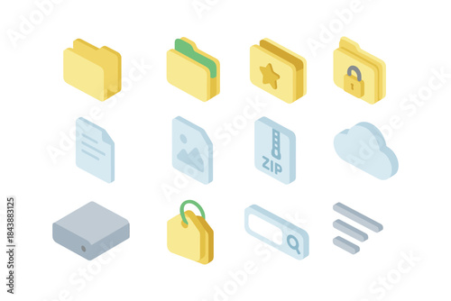 Isometric file and cloud icons: folders, documents, and storage elements