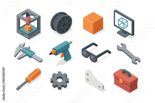 Isometric icons of 3d printing tools and equipment for creative projects