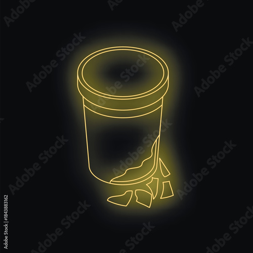 Yellow neon sign of broken plastic cup on black background representing throwing garbage away