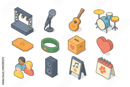 Music and event icons set featuring instruments, stage, and event accessories in isometric style