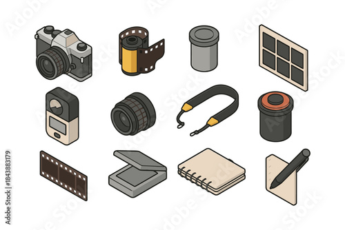 Retro photography equipment isometric set with camera and film roll icons