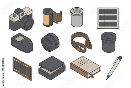 Vintage camera equipment and film roll collection in isometric style