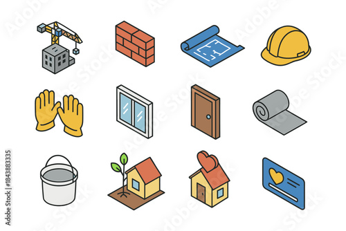Construction and architecture icons set: tools, plans, and equipment in isometric style