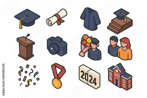Isometric graduation elements: cap, gown, diploma, and more for 2024 celebrations