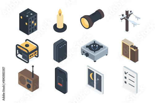Essential isometric emergency and survival icons for blackout preparedness