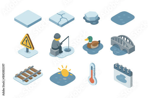 Isometric winter objects with fisherman, duck, and bridge