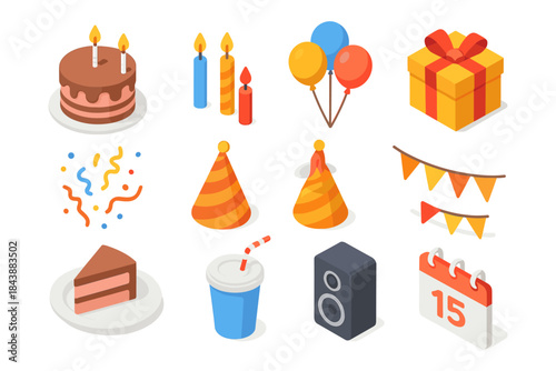 Isometric party icons: cake, balloons, gifts, and decorations for celebrations