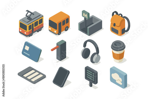 Urban commuting essentials isometric set with transportation and everyday items