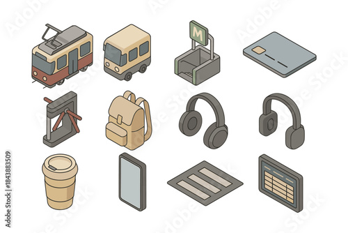 Urban travel icons set: isometric design featuring public transport, tech, and city essentials