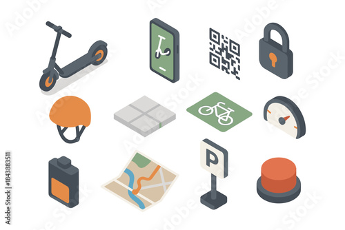 Isometric urban mobility icons: e-scooter, qr code, lock, helmet, bicycle path