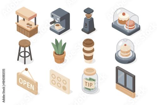 Cozy cafe essentials in isometric design featuring coffee machines and pastries